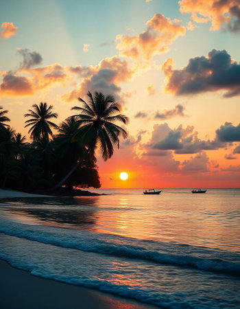 Beautiful tropical sunset on the beach with palm trees and boat.の写真素材