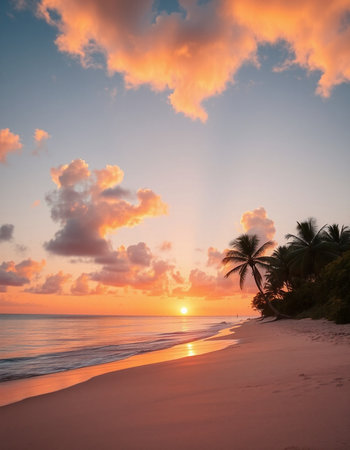 Beautiful sunset over the sea with palm trees on the sandy beachの写真素材