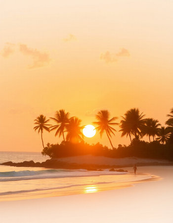 Silhouette of a man walking on the beach at sunset.の写真素材