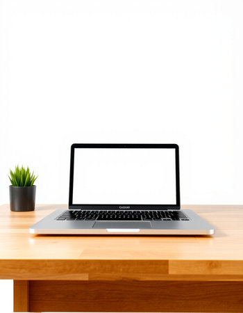 Laptop with blank screen on wooden table and white wall background.