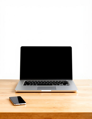 Laptop and mobile phone on wooden table over white wall background.