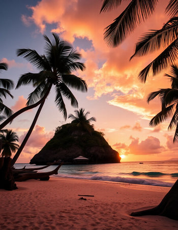 Tropical beach with palm trees at sunset, Seychellesの写真素材