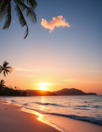 Beautiful sunset on the beach. Seascape with palm trees and waves.の写真素材