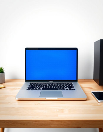 Laptop computer with blank screen on wooden table and white wall background