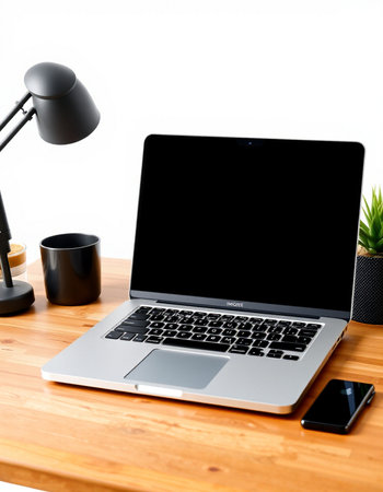 Laptop with blank screen on wooden desk with black lamp and coffee cupの写真素材
