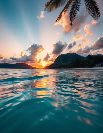Beautiful tropical beach and sea with coconut palm tree at sunset time