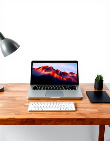 Modern workspace with computer laptop on wooden desk. 3d render.