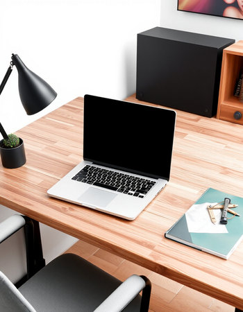 Laptop on wooden table in modern office. 3d rendering.
