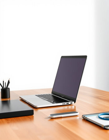 Laptop and office supplies on a wooden table. 3d rendering.の写真素材
