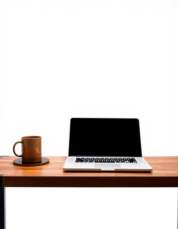 Laptop and coffee cup on the wooden desk isolated on white background