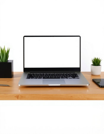 Laptop with blank screen on wood table and white wall background.