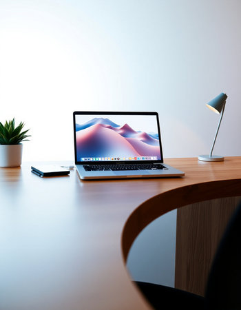 Laptop on a table in an office environment. 3d rendering.