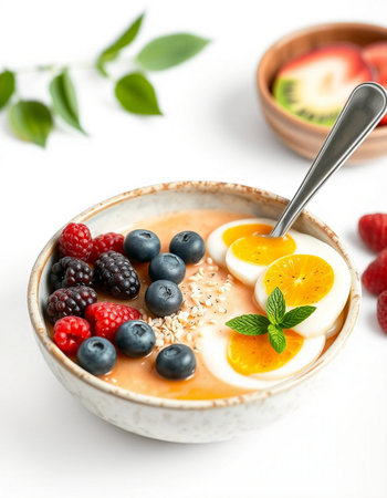 Healthy breakfast bowl with yogurt, berries and egg on white background