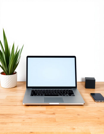 Laptop with blank screen on wooden table and white wall background.