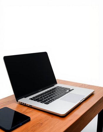 Laptop on wood table with white wall background and copy space.