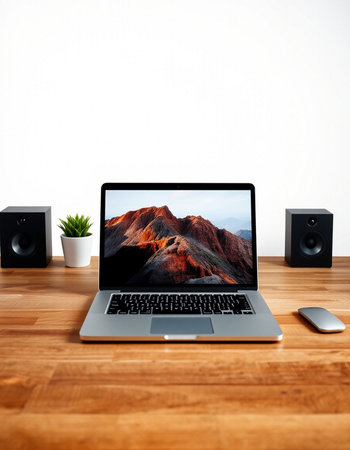 laptop on wood desk with mountain and speaker. 3d rendering