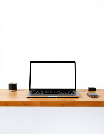 Laptop on wood table with white wall background and copy space.