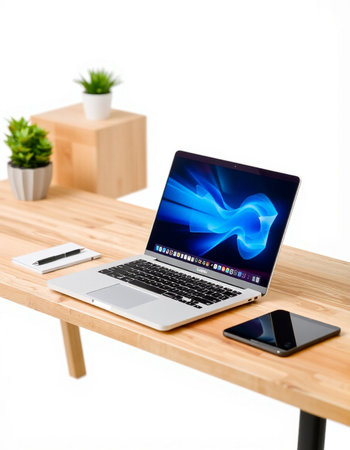 Modern workplace with laptop on wooden desk and mobile phone on white background