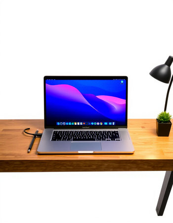Laptop on wood table isolated on white background with clipping path.