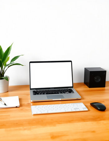Laptop with blank screen on wooden desk and white wall background.