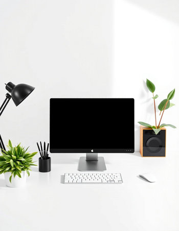 Modern workspace with computer, keyboard, mouse and plant. 3D Rendering