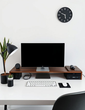 Modern workspace with computer, keyboard, mouse and clock