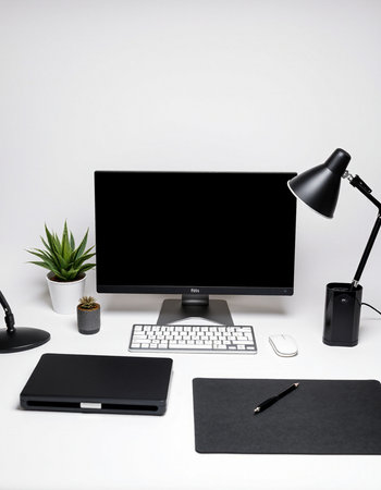 Modern workspace with computer, mouse, keyboard, stationery and plant on white background