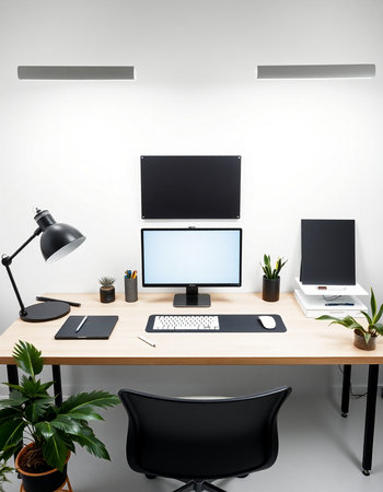 Interior of modern office with white walls, concrete floor, computer screens and plants. 3d render