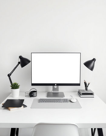 workplace with blank screen computer, lamp and stationery on table