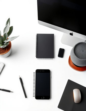 White office desk table with computer, supplies and smartphone. Top view, flat lay