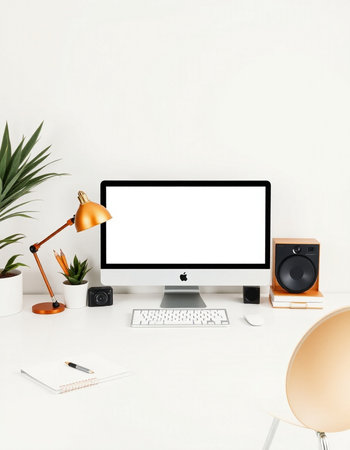 Modern workspace with blank computer monitor, stationery and decorations. Mock up, 3D Rendering