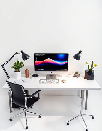 workplace with computer, lamp and plant on the table in office