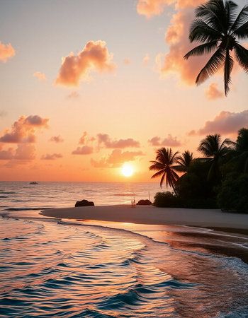 Beautiful tropical beach and sea with coconut palm tree at sunset time - Holiday Vacation concept