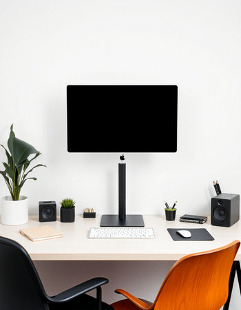 Modern workspace with black computer screen and office supplies. Mock up, 3D Rendering