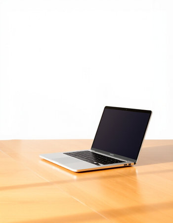 Laptop computer on wood table with white wall background, clipping path