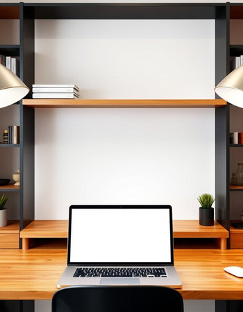 Mock up blank screen laptop computer on wooden table in modern office. 3d render