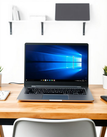 laptop with blue screen on wooden desk in office, closeup