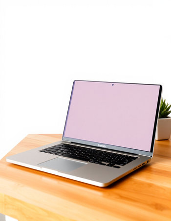 Laptop with blank screen on wood table isolated on white background.