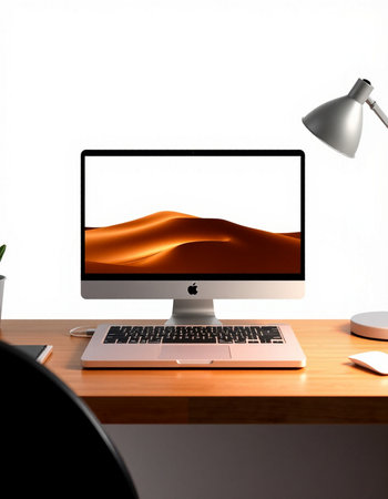 3d rendering of modern workspace with computer, mouse, lamp and coffee cup.