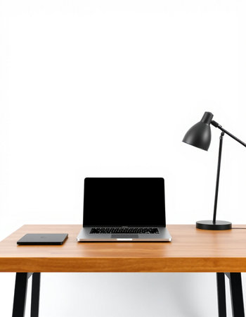Laptop on a desk with a lamp. 3d rendering.の写真素材