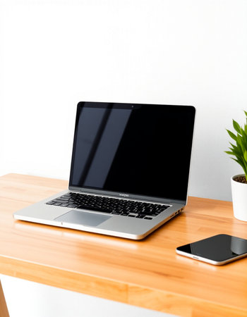 Laptop with blank screen on wooden table and smartphone on white wall background