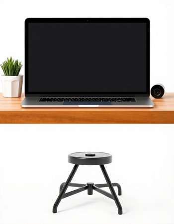 Laptop on wooden table isolated on white background. Mock up.