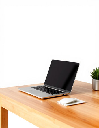 Laptop on wooden table with white wall background. 3d rendering.