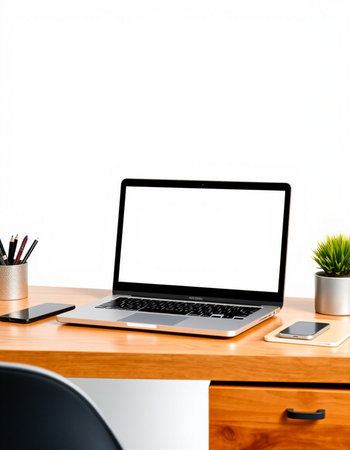 Laptop with blank screen on wood table with white wall background.の写真素材