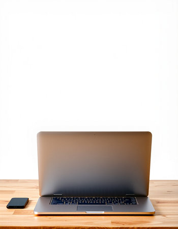Laptop on a wooden table with a white wall in the background