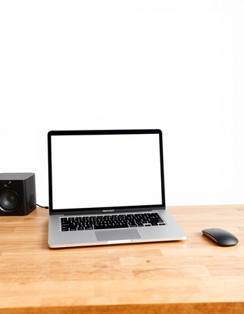 Laptop computer with blank screen on wood table and white wall background