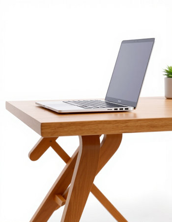 Laptop on a wooden table on a white background with clipping path