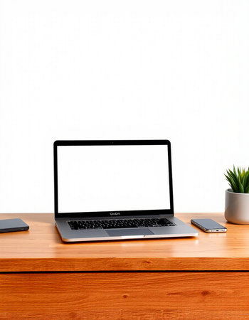 Laptop with blank screen on wooden table and white wall background.
