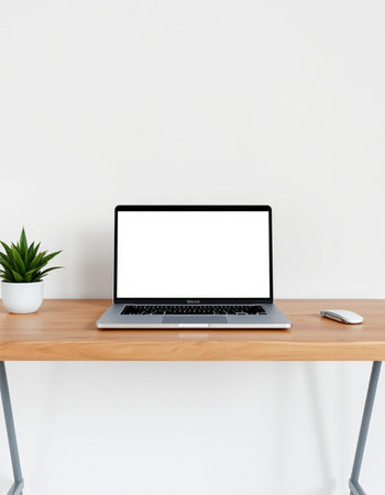 Laptop with blank screen on wooden table and white wall background.