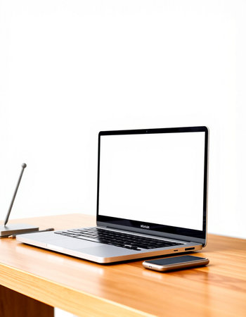 Laptop with blank screen on wooden table and white wall background.